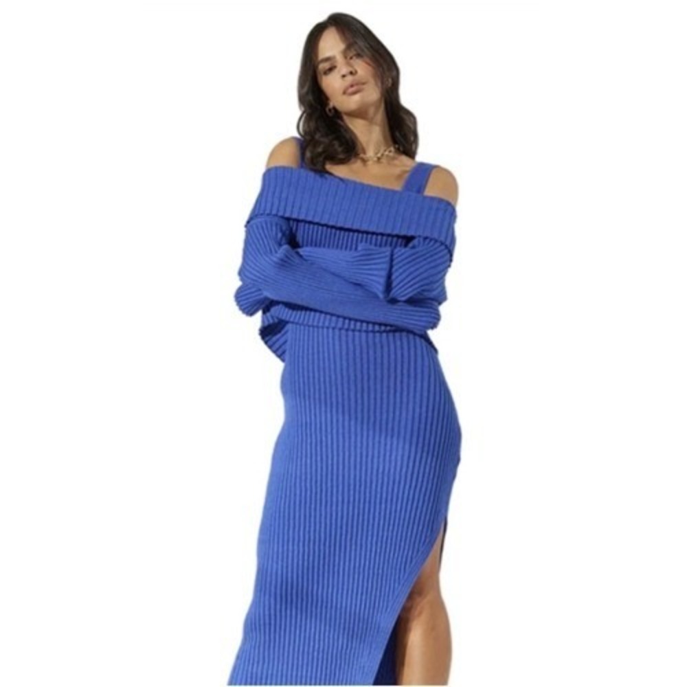 SOVERE Exhale Combo Knit Dress Sweater Women XL 2-Piece Set Ribbed Maxi Blue